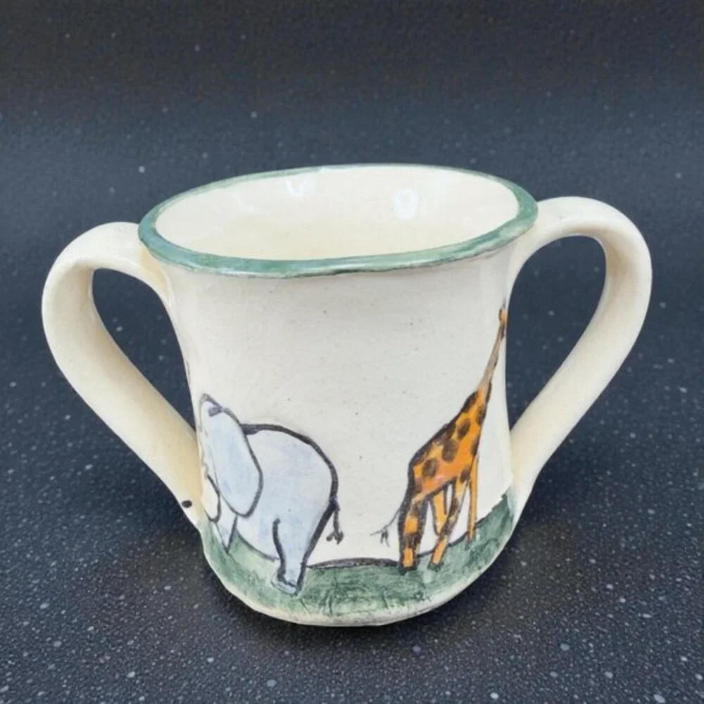 G Miller Signed Handcraft Art Pottery Double Handle Cup Mug Elephant Giraffe VTG